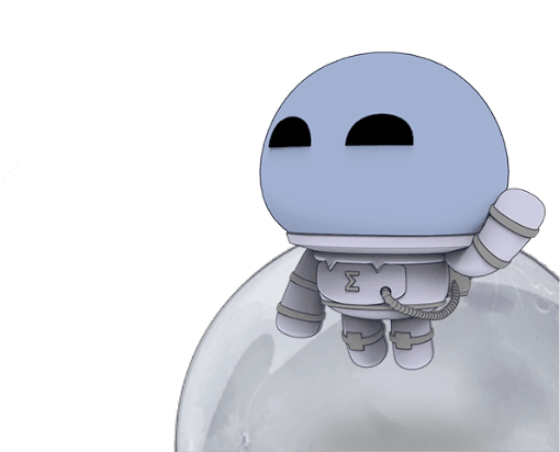 The Ergo Mascot, The Ergonaut - is shown standing on a horizontal plane on top of a moon.